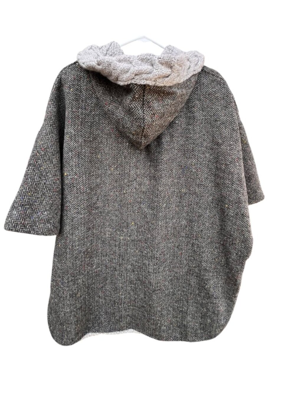 Aran Womens Tweed Poncho W/ Hood Size M/L Herringbone Merino Wool Sweater Lined - Picture 3 of 14